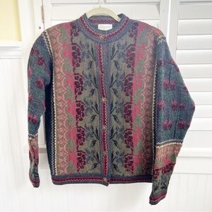 Cherry Lewis Vintage Multicolor Floral English Wool Blend Cardigan Sweater Small
